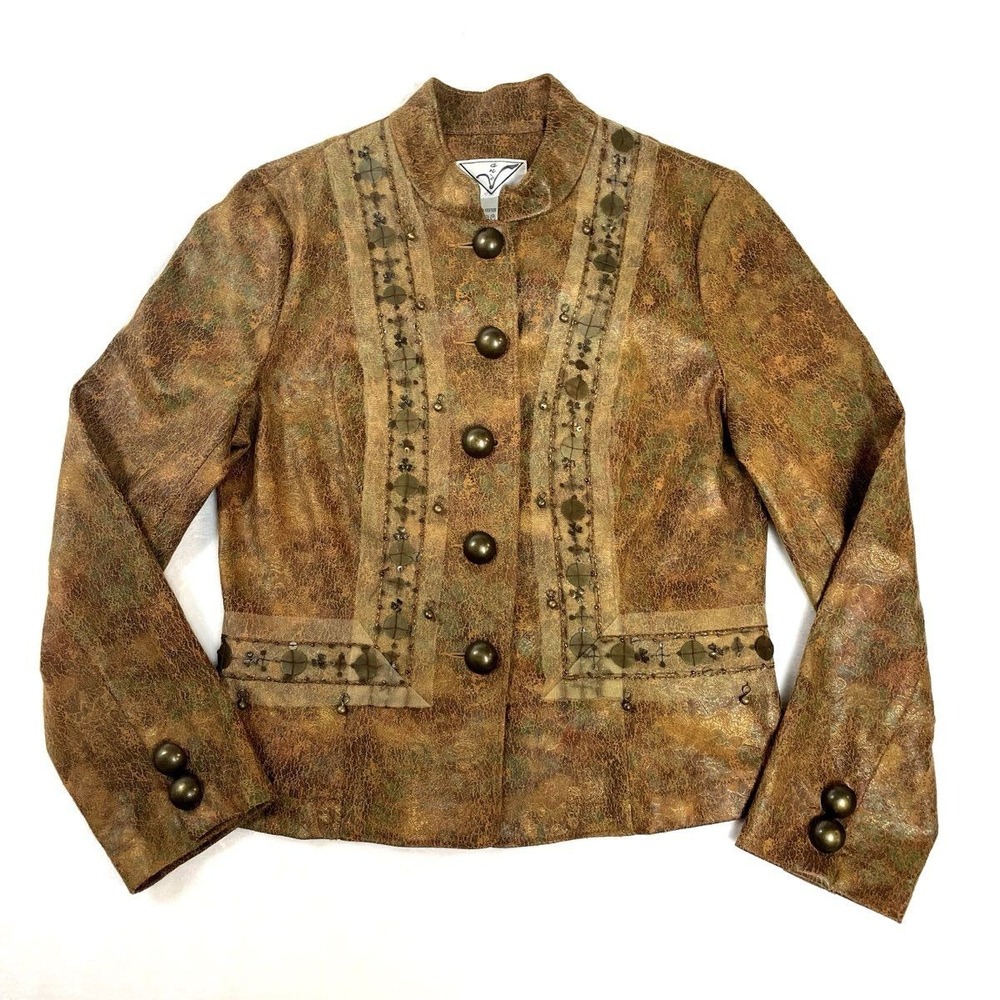 Vintage A.V. Women's Beaded Embellished Faux Leather Jacket Brown S Boho Y2K